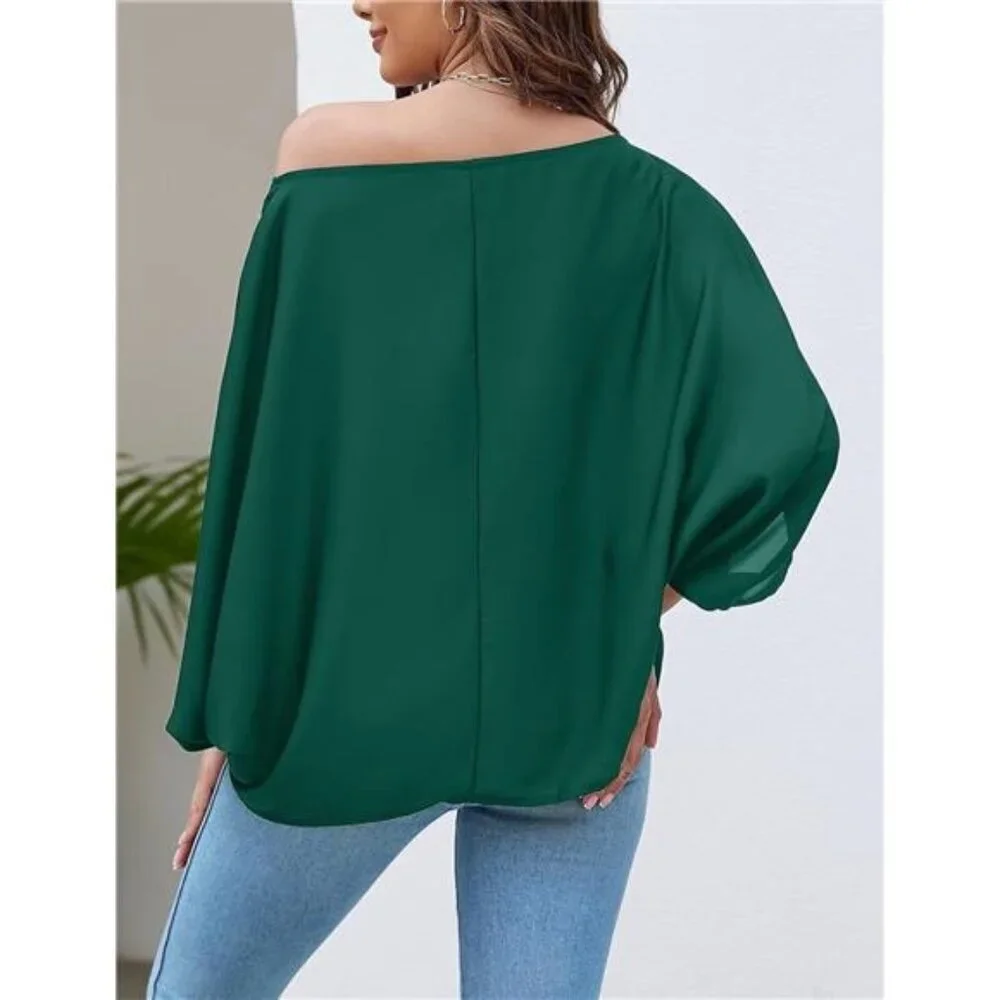 Off Shoulder Flowy Top Casual Batwing Sleeve Blouse Loose Chiffon Shirt Women - Picture 2 of 6